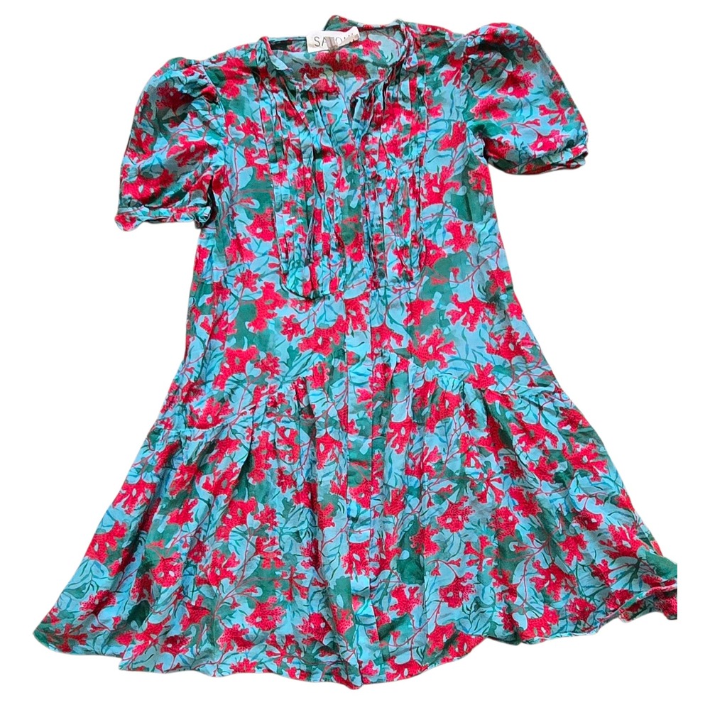 SALONI Floral‎ Print Mini Dress Teal Red Puff Sleeve Pleated US 0 Missing Belt